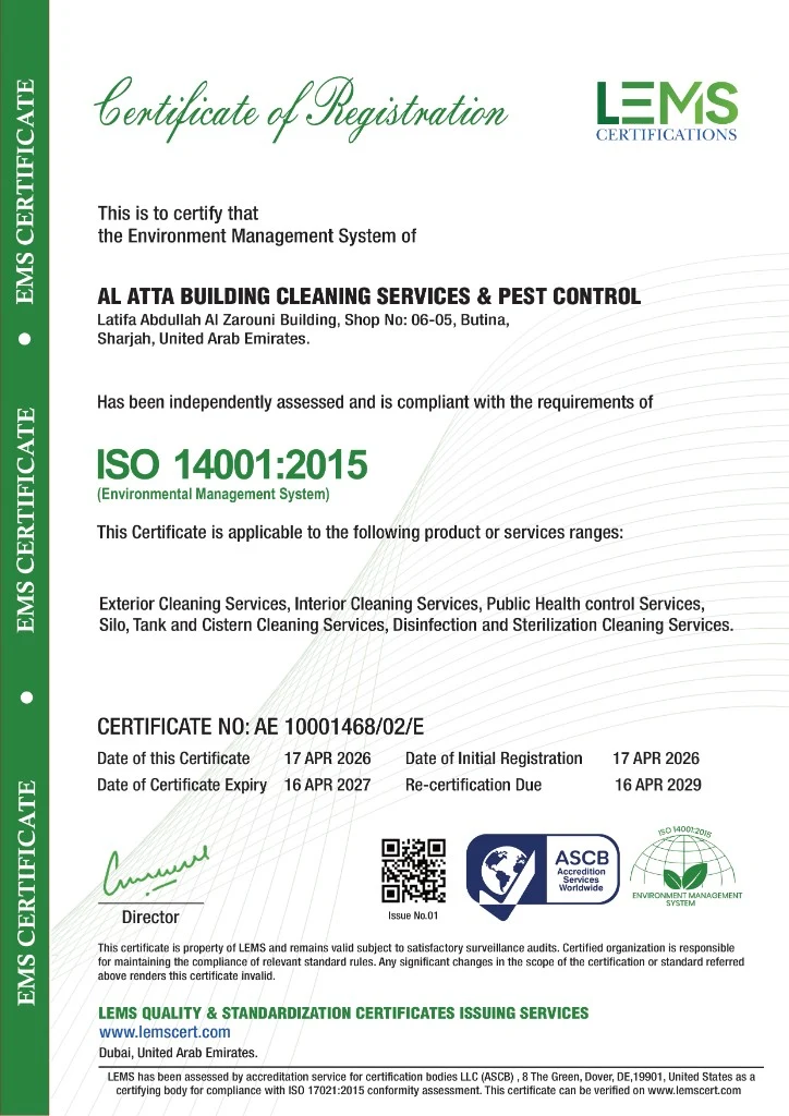 ISO 14001:2015 Certificate of Registration for Al Atta Building Cleaning Services & Pest Control