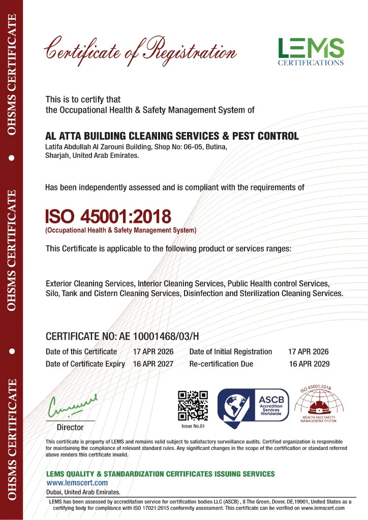 ISO 45001:2018 Certificate of Registration for Al Atta Building Cleaning Services & Pest Control