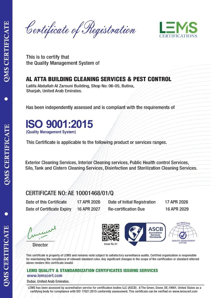 ISO 9001:2015 Certificate of Registration for Al Atta Building Cleaning Services & Pest Control